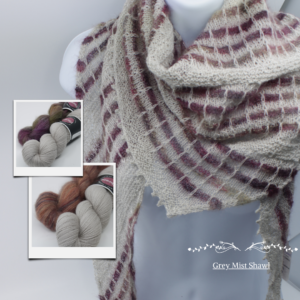 Kit de tricot Grey Mist shawl. Base utilisée : Numa comme coloris principal et Impératricecomme coloris secondaire.