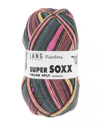 Super soxx color 4ply by Lang. Sock yarn. Made with high-quality sock yarn. Composition: 75% superwash extra-fine merino, 25% nylon. Striped colorway.    